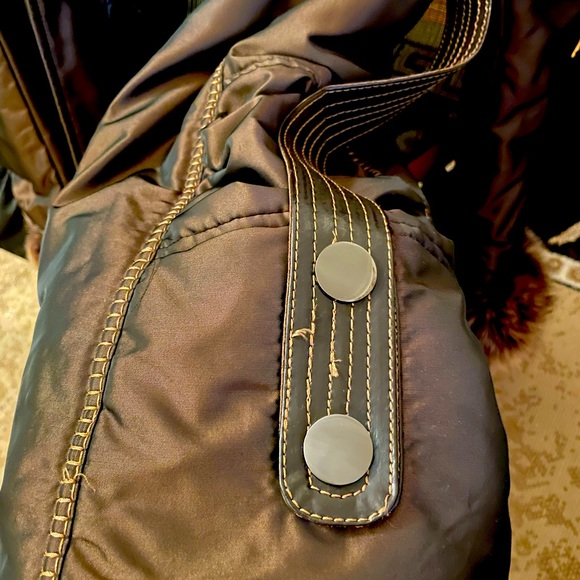 100% REAL Fur trim down belted coat leather buttons made in Italy size Small - Picture 6 of 12